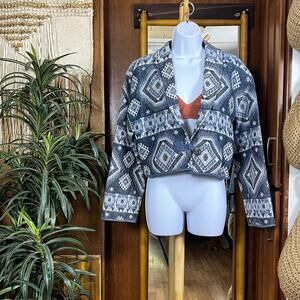 Vintage 90s Southwestern Cropped Jacket M Blue Aztec Tapestry Cotton Metallic